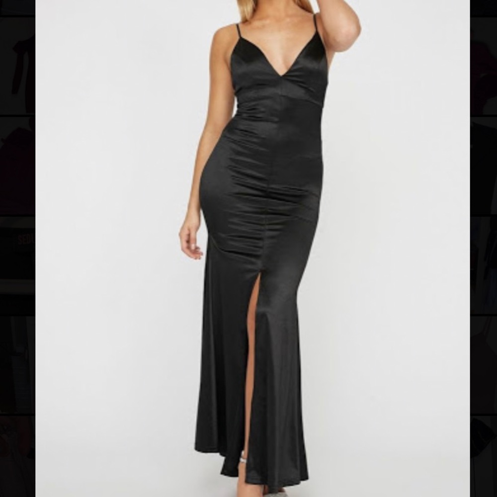 Long Black Stretchy Satin Dress/Gown with Slit